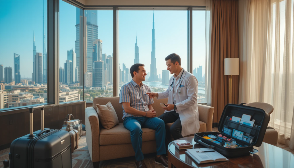 Doctor checking an elderly patient at home in Dubai during a home healthcare visit.