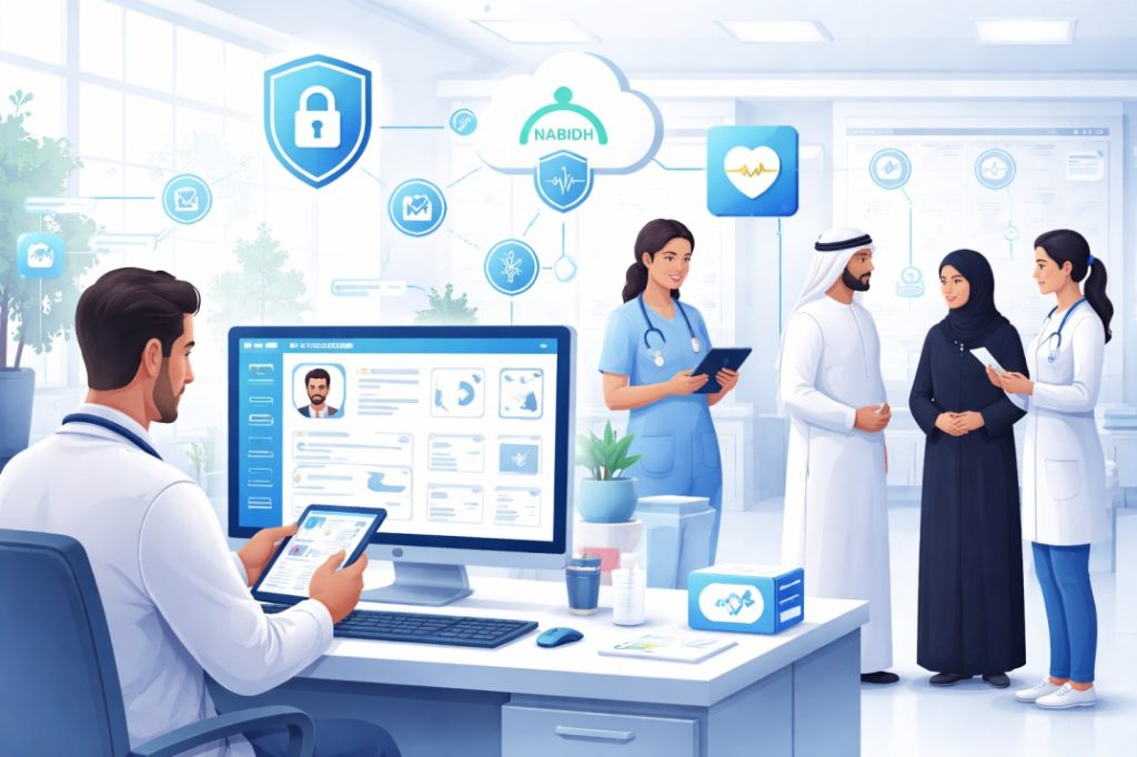 Doctor using tablet in a modern clinic with digital health data, representing tech-enabled doctor on call in Dubai.