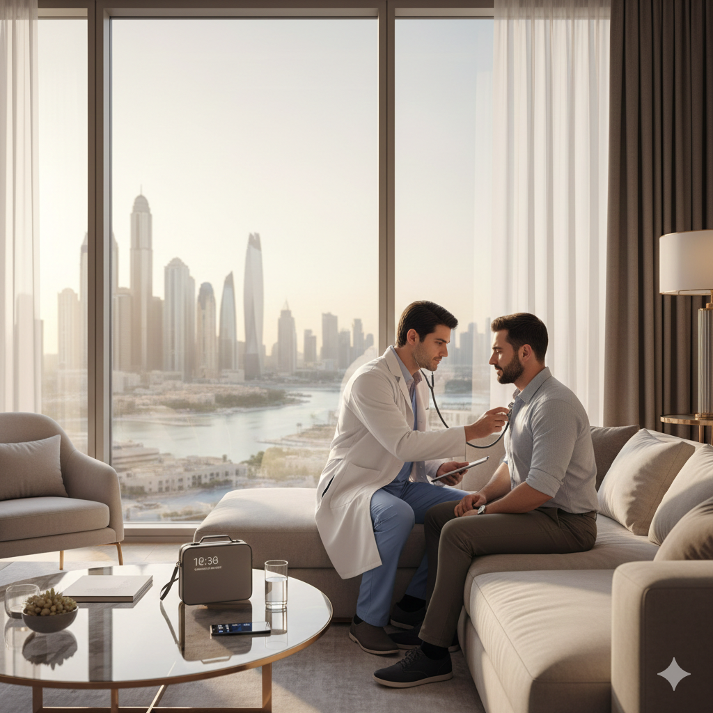 A doctor in a white coat uses a stethoscope to check a patient's heartbeat in a luxury Dubai apartment overlooking the Marina.