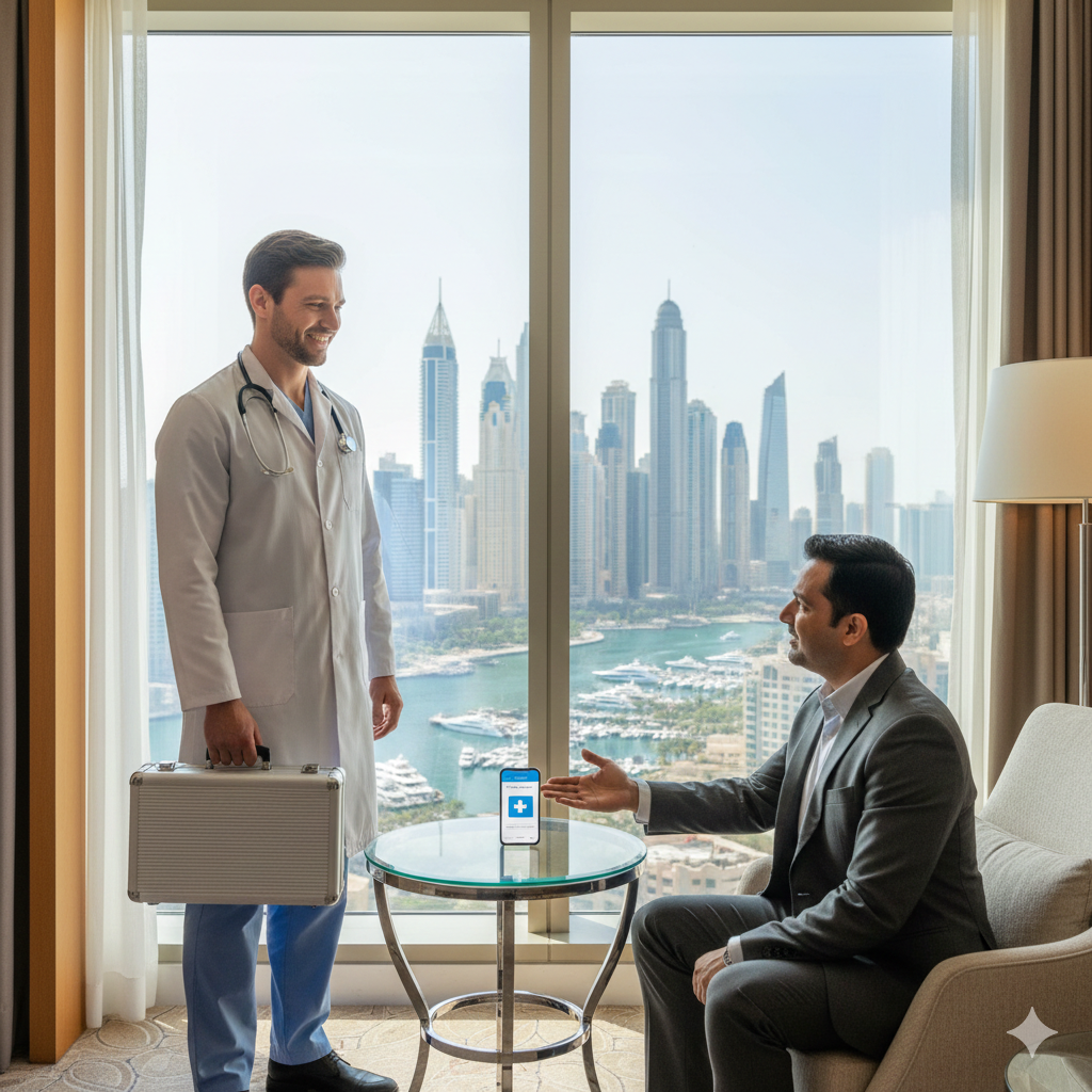 A smiling doctor in a white lab coat carrying a medical briefcase while visiting a businessman in a luxury hotel suite overlooking the Dubai Marina skyline.