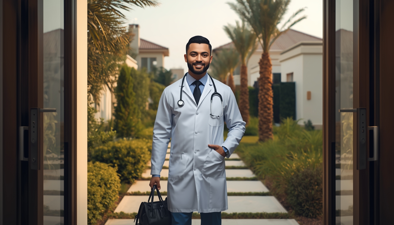 Home doctor in Green Community Dubai standing at a villa entrance, wearing a medical coat and carrying a doctor bag for home medical services.