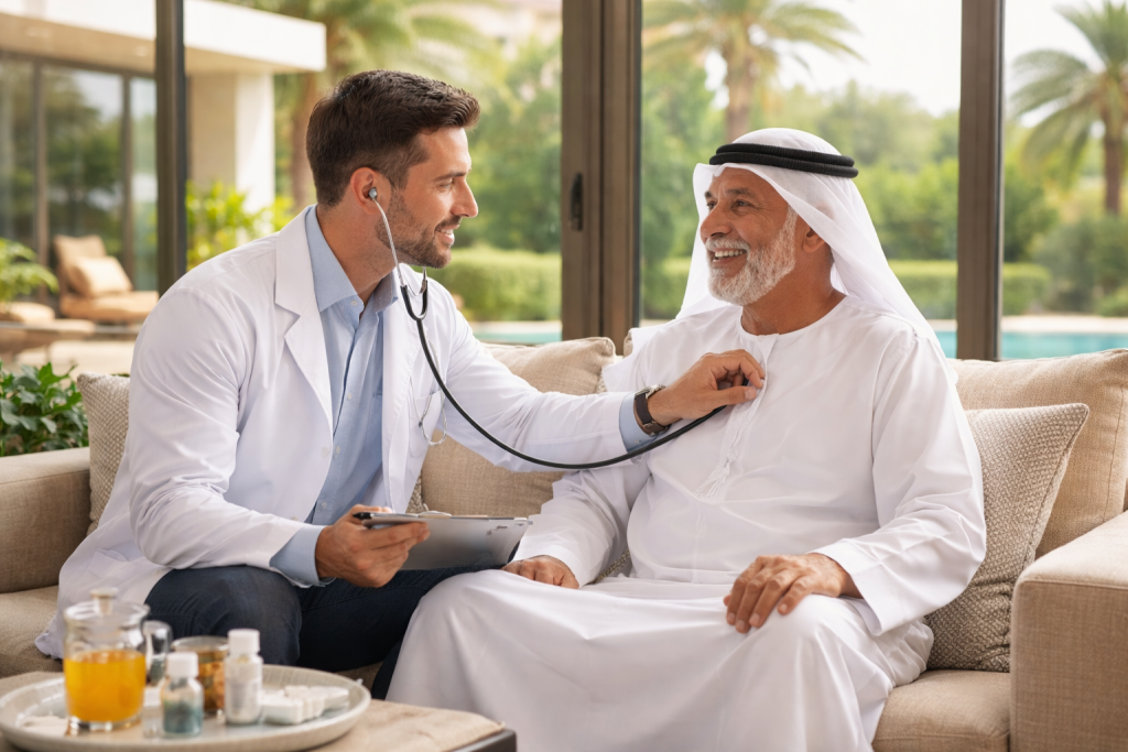 Doctor checking an elderly patient at home in Dubai during a home healthcare visit.