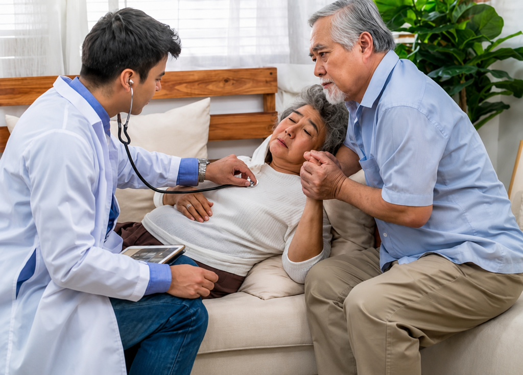 A doctor examining an elderly woman lying on a sofa at home while her concerned husband holds her hand during a home healthcare visit.