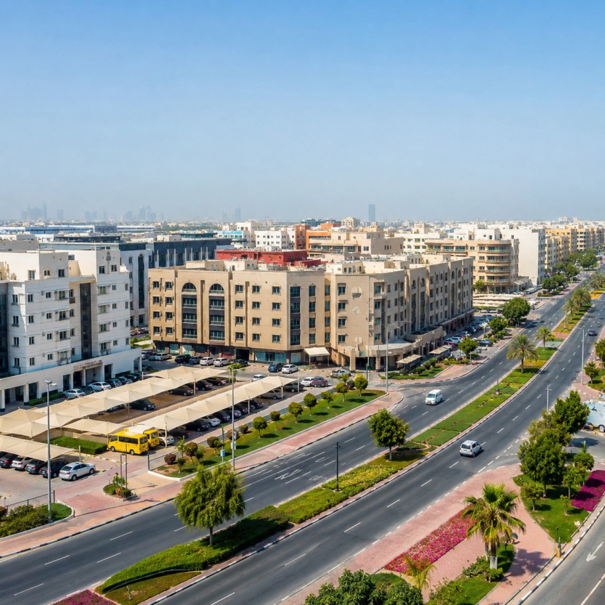 Al Garhoud, Dubai skyline featuring modern residential buildings, landscaped roads, palm-lined streets, and a well-connected urban community near Dubai International Airport.