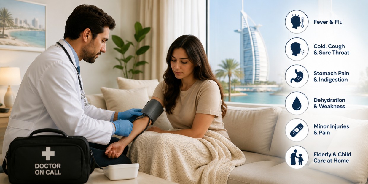 Doctor providing medical care to a patient at home in Jumeirah, Dubai, illustrating when a home doctor is a better option than visiting a hospital.