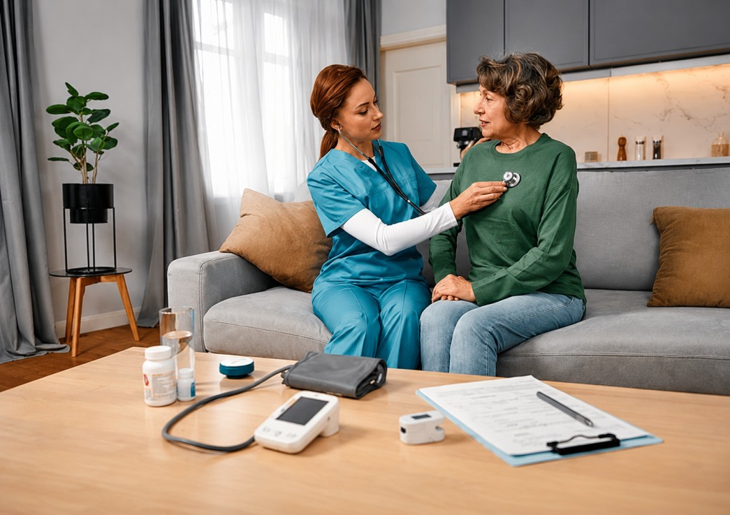 Professional nurse providing an in-home health checkup for an elderly woman in a comfortable modern living room.