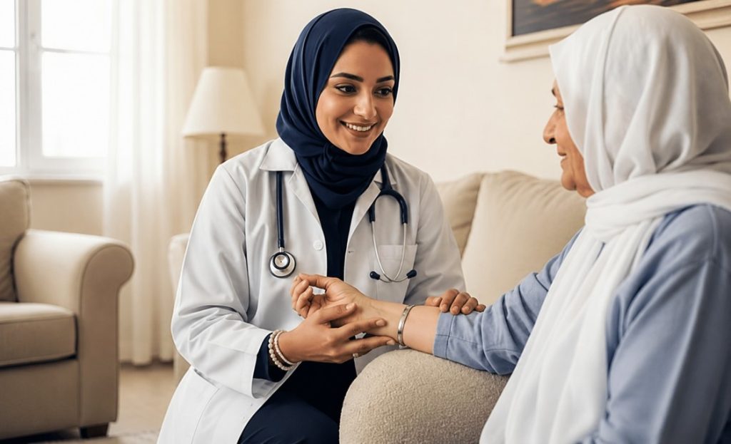 DHA licensed doctor on call in Business Bay providing a professional home medical consultation to an elderly patient in Dubai.