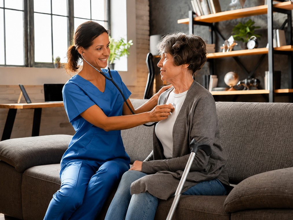 Doctor on Call in Business Bay providing a professional home healthcare consultation for an elderly patient in Dubai.