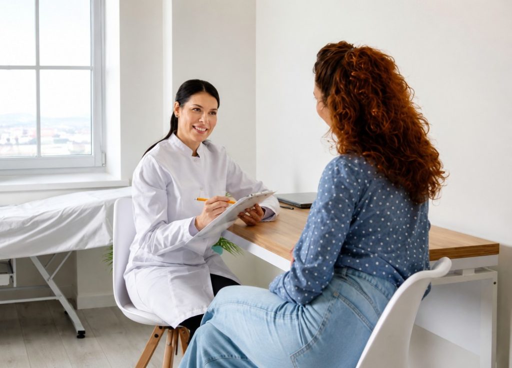 Friendly doctor consulting with a patient during a professional medical appointment in a modern healthcare clinic.