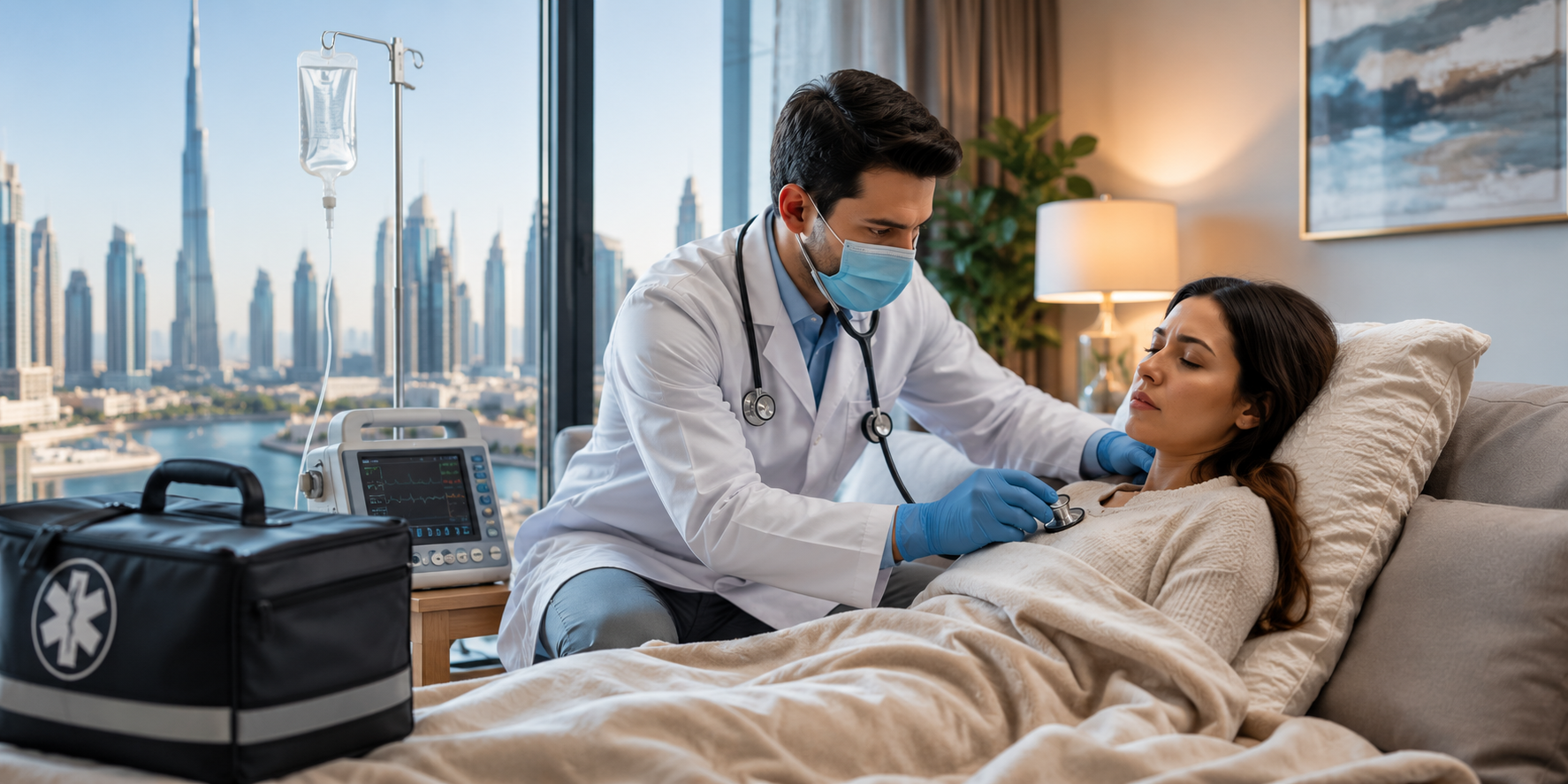 Emergency doctor providing medical care to a patient at home in Dubai