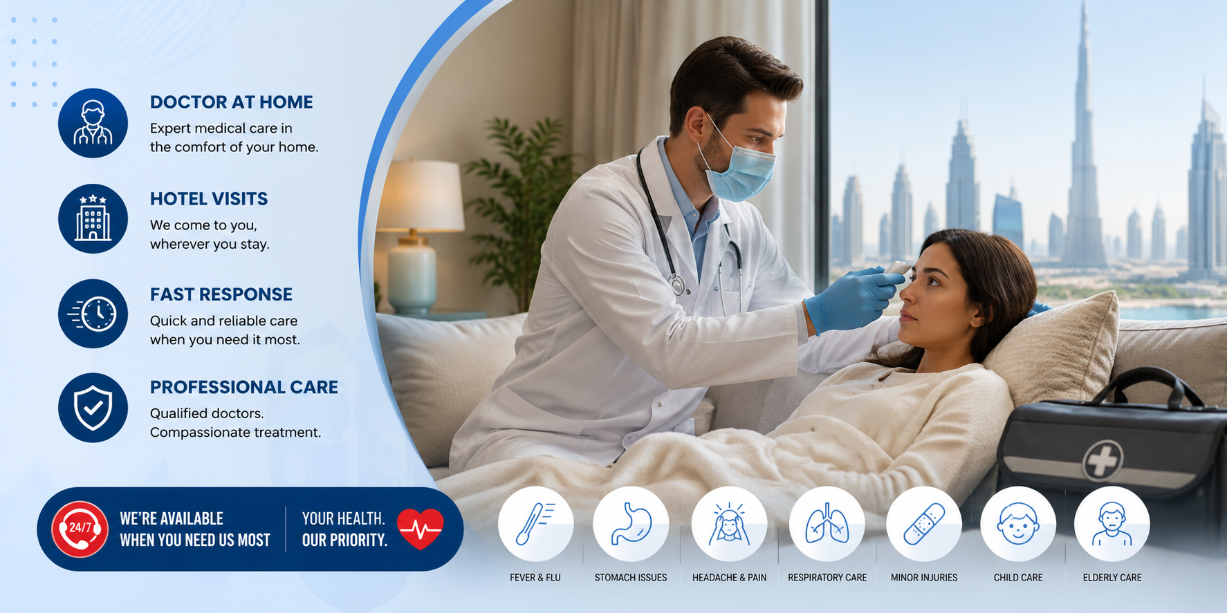 Need an emergency doctor in Dubai? Get prompt medical care at home or hotel for urgent, non-life-threatening conditions from experienced healthcare professionals.