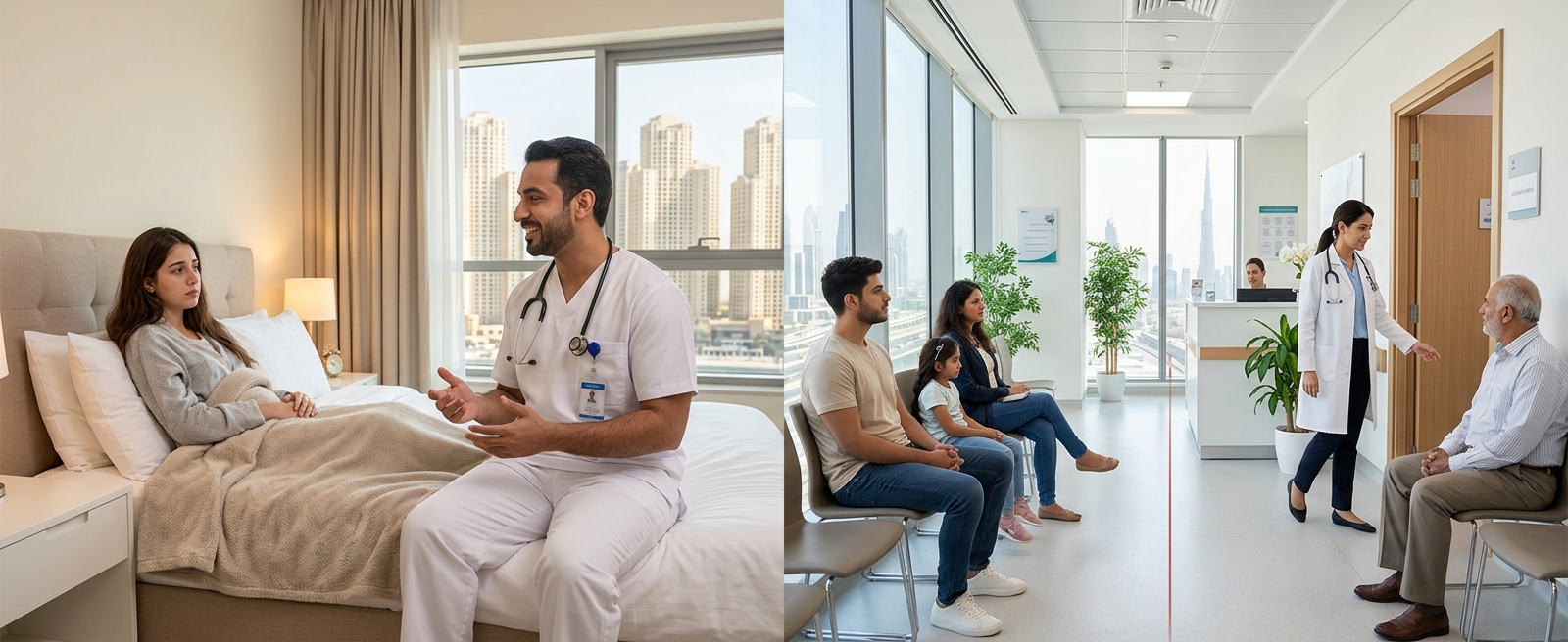 A split-screen comparison illustrating medical care options in Dubai, crafted in a 1200x500 banner aspect ratio. On the left side, representing a doctor-on-call service, a friendly male doctor in white scrubs with a stethoscope sits by the bedside of a patient recovering in a modern, sunlit Dubai apartment bedroom with high-rise city views. On the right side, representing a traditional clinic visit, patients wait in a sleek, modern clinic reception area while a female doctor in a white lab coat greets a senior patient near a Consultation room, with large windows overlooking the Dubai skyline.